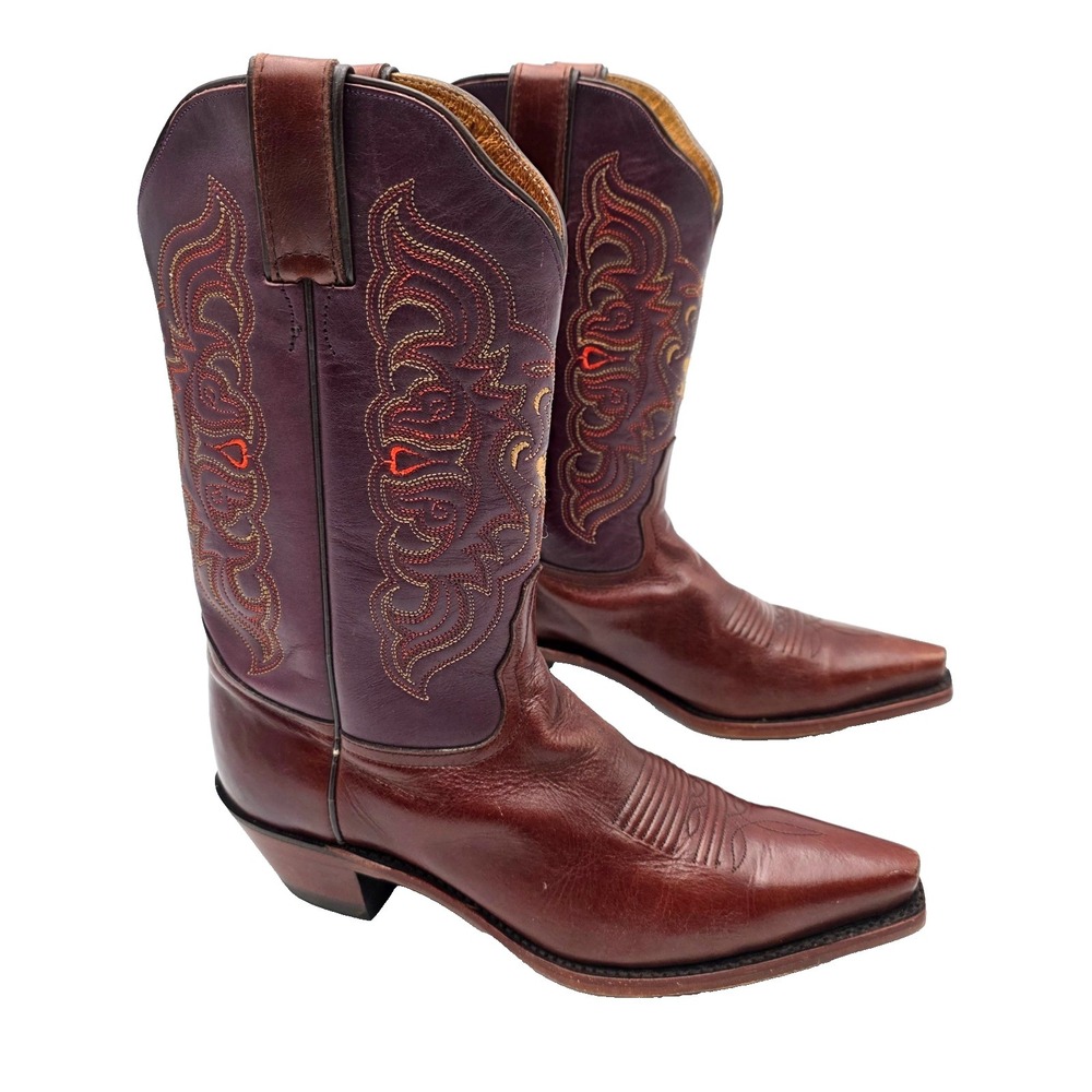 Rare Tommy Llama Cowboy Boots Style 5828L Maroon/ Brown Embroidered Womens 8.5